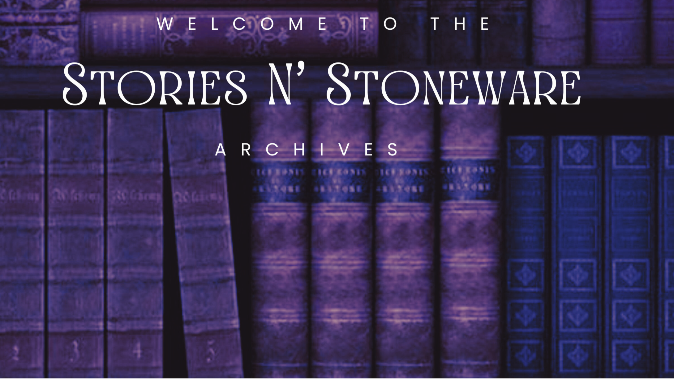 Purple bookshelf with 'Stories N' Stoneware Archives' text