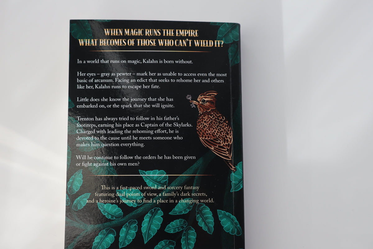The back cover blurb of the book Eyes of Pewter is shown against a plain white background. The cover features a dark green and black background with illustrations of green leaves and a brown bird.